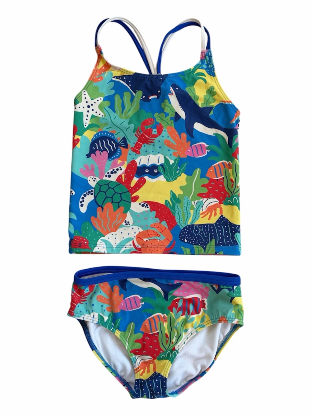 Mini Boden Multicolor Ocean Scene Tankini - blue and white criss cross straps